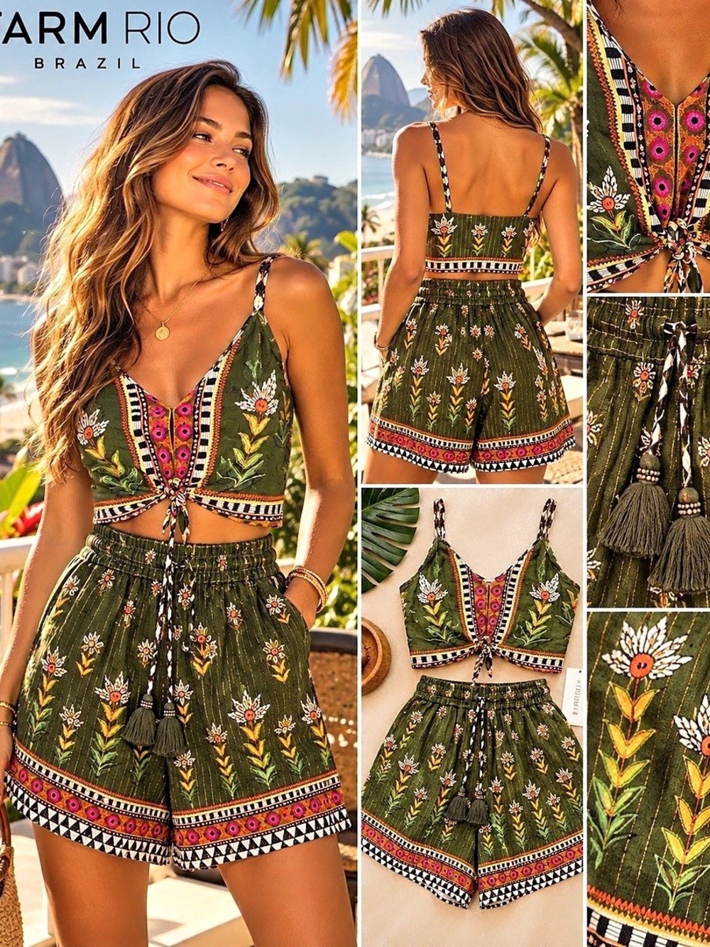 Farm Rio Floral Embroidered Romper in Green & Pink sz m